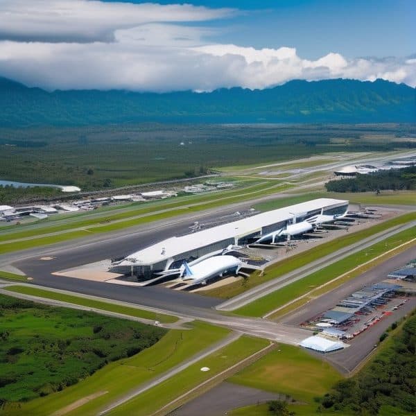 Fiji airport with airplanes on runway and surrounding landscape.