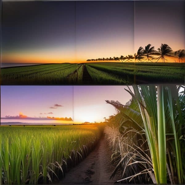 Sunset over lush rice fields in Fiji with palm trees in the background.