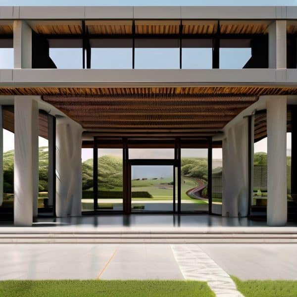 Modern architectural building with large glass windows and wooden accents.