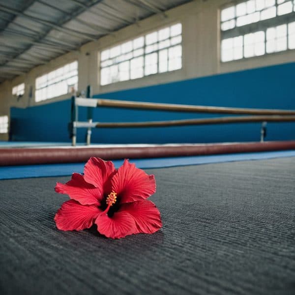 Hibiscus flower placed on gym mat with boxing ring in the background.