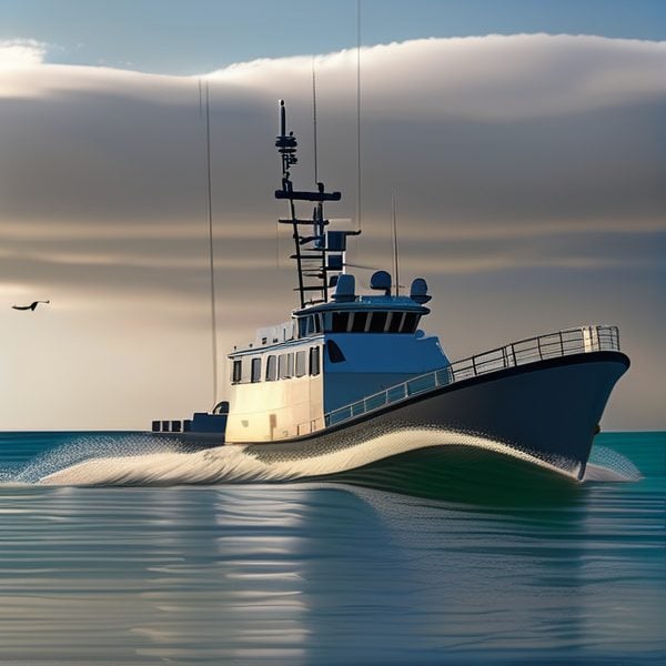 Boat cruising on calm ocean waters at sunset.