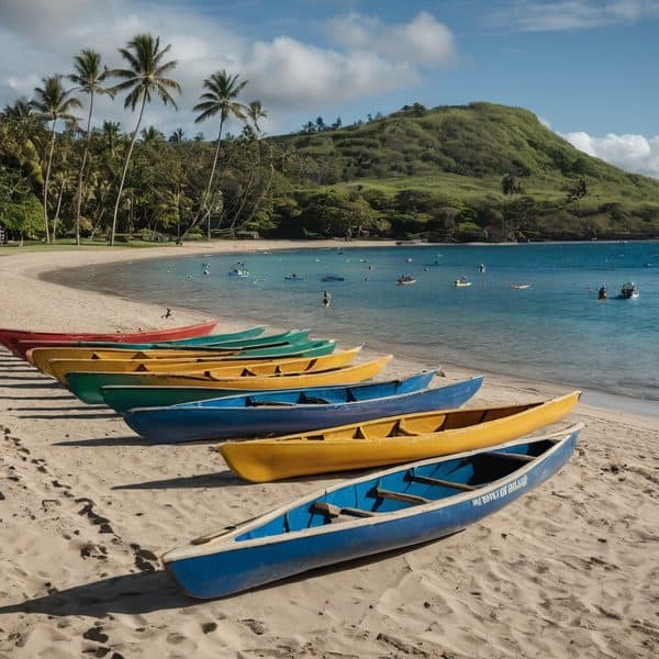 Kayaks lined up on a sandy beach with palm trees and lush green hills in the background.