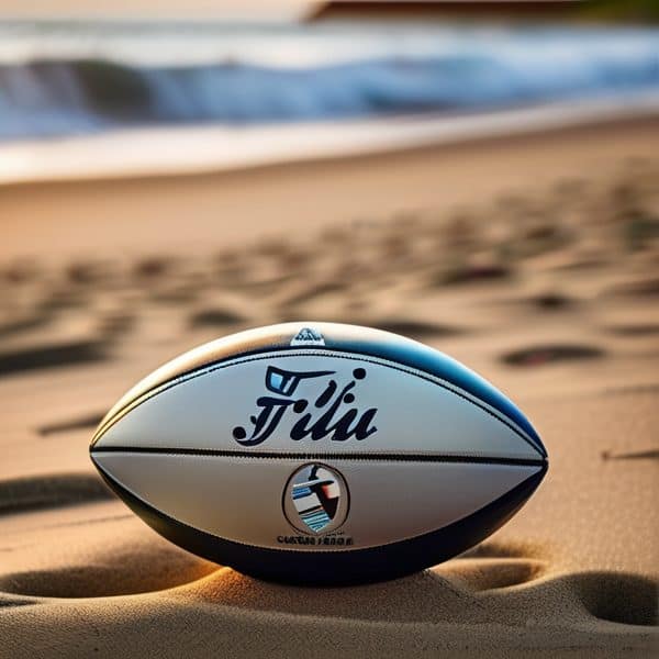 Fiji rugby ball resting on sandy beach with ocean in background.