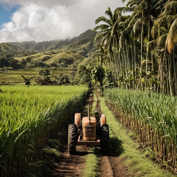 Tractor working in lush green rice fields in Fiji with mountains in background.