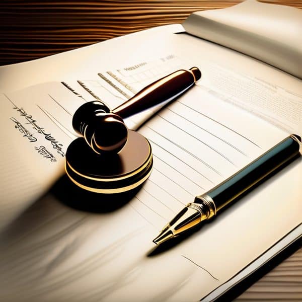 Legal document with gavel and pen on open notebook for law or legal themes.