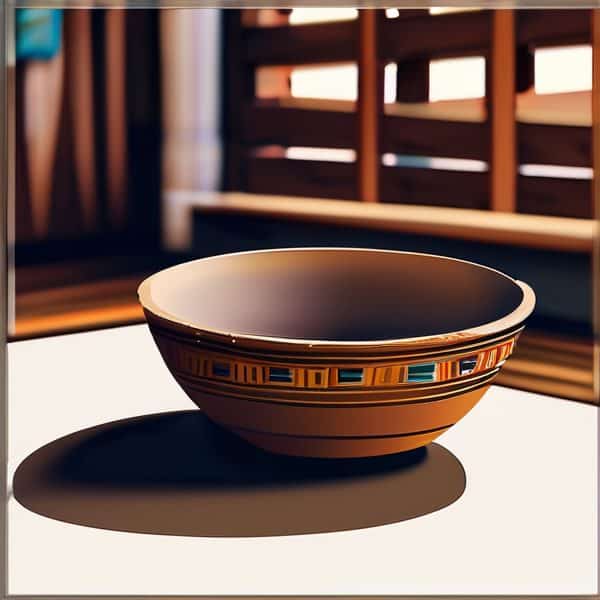 Decorative ceramic bowl on sunlit table with wooden background.