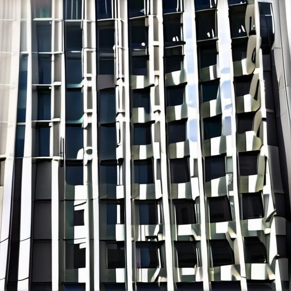 Modern building facade with geometric window design and metallic accents.