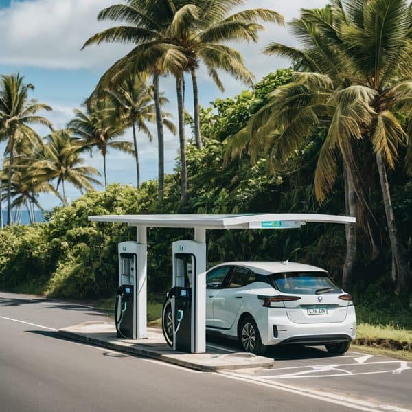 EV charging station in Fiji with lush greenery and palm trees in the background.
