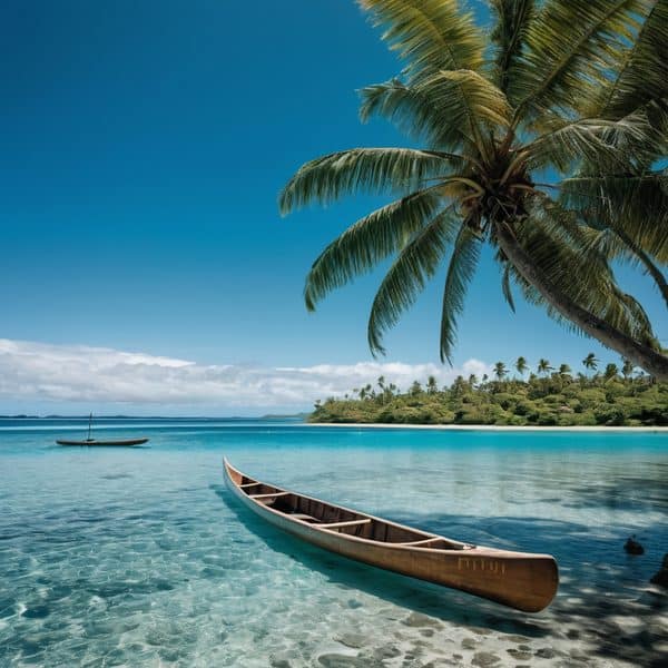 Scenic tropical beach with canoe, palm trees, and clear blue water in Fiji.