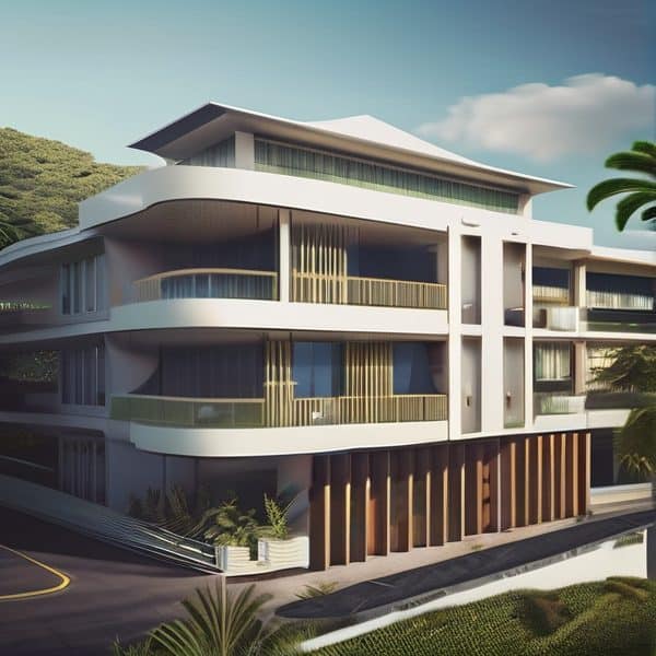 Luxury modern building with curved balconies and glass facade in Fiji.