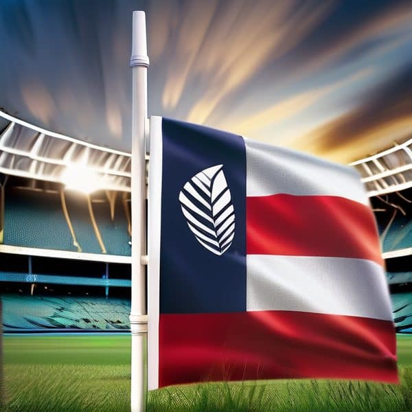 Fiji flag flying at a sports stadium during sunset.