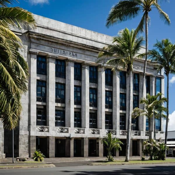 Historic government building in Suva, surrounded by palm trees and clear blue sky.