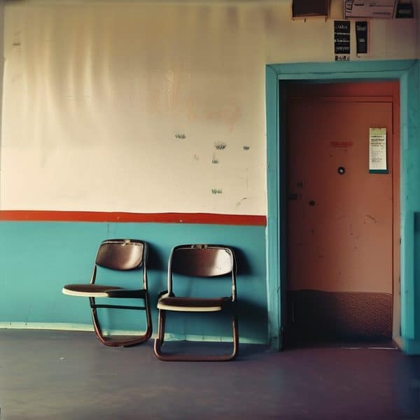 Waiting area with two chairs in a public building, possibly a clinic or office.