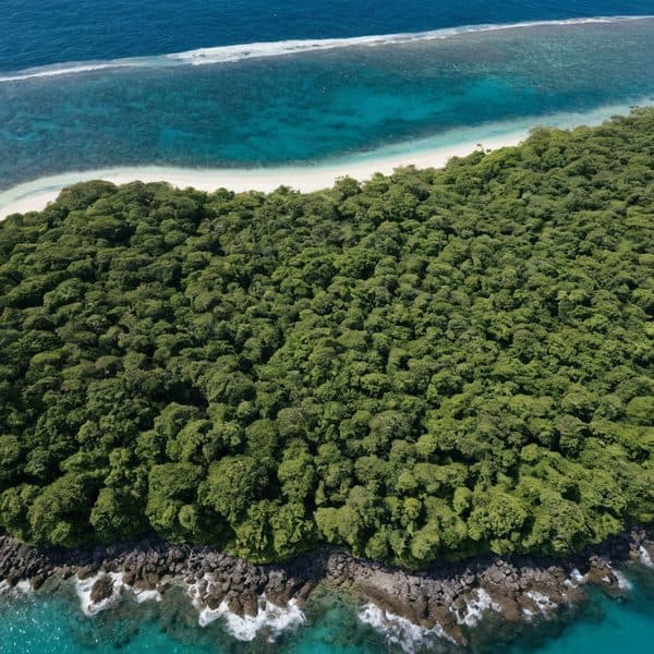 Aerial view of lush tropical forest meeting the clear blue ocean waters on a pristine coastline.