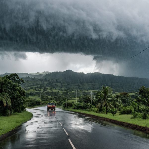 Dark storm clouds over a wet rural road in Fiji during a tropical storm.