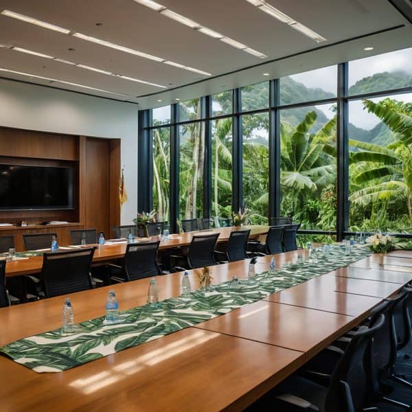 Modern conference room with large windows overlooking lush tropical landscape.