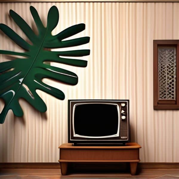 Vintage television set on wooden stand in a retro-style living room.