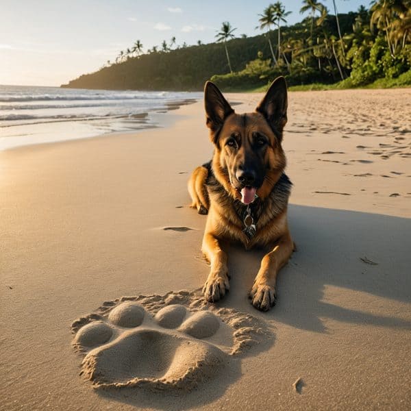 Dog on beach with paw print in sand, tropical background, sunny weather.