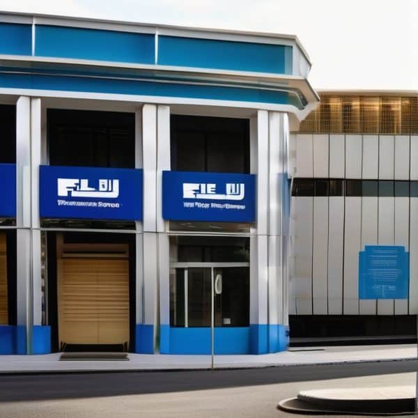 Modern Fiji Post Office building with blue signage and glass facade.