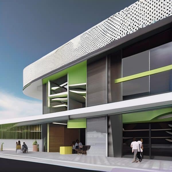 Contemporary commercial building with green accents and sleek design.