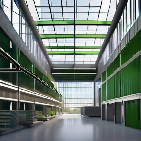 Modern airport terminal with glass walls and green accents.