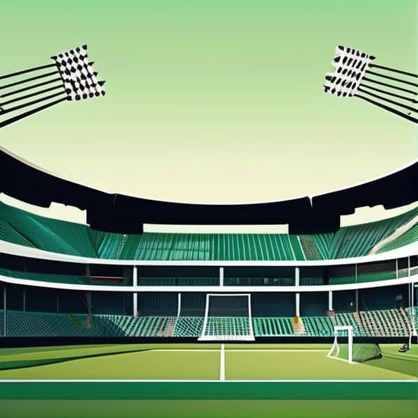 Stadium soccer field with floodlights and seating for sports events.