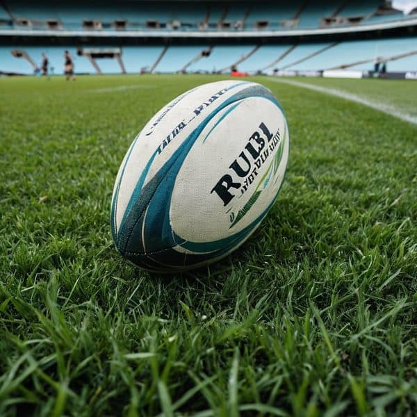 Rugby ball resting on grass in a stadium ready for match.