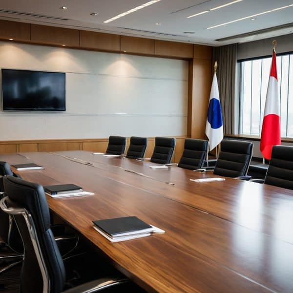 Modern conference room with flags and large table in Fiji.