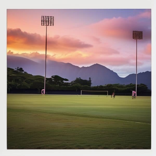 Scenic Fiji sports field with mountains at sunset, floodlights, and players.