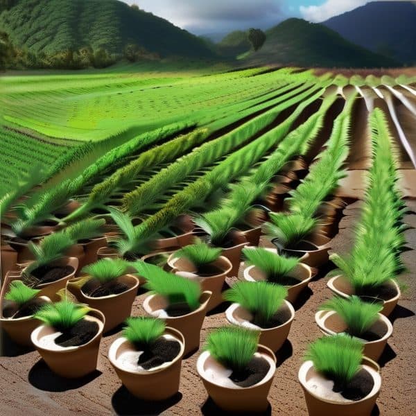Paddy plants growing in pots on a farm field with lush green hills in the background.
