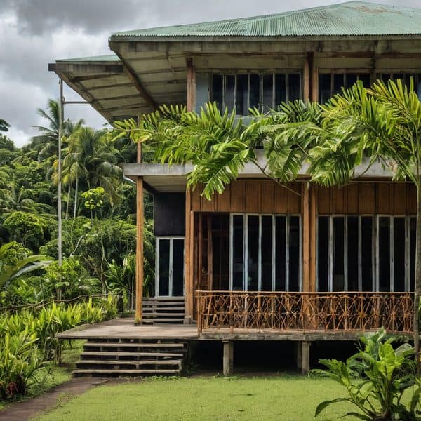 Tropical wooden house surrounded by vibrant green plants and trees in Fiji.