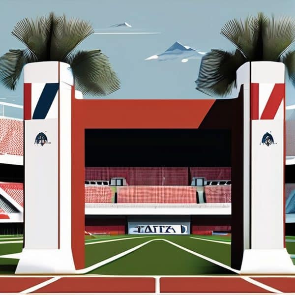 Modern Fiji rugby stadium entrance with palm trees and mountain backdrop.