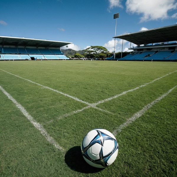 Soccer ball on a lush green stadium field with empty stands and bright sky.