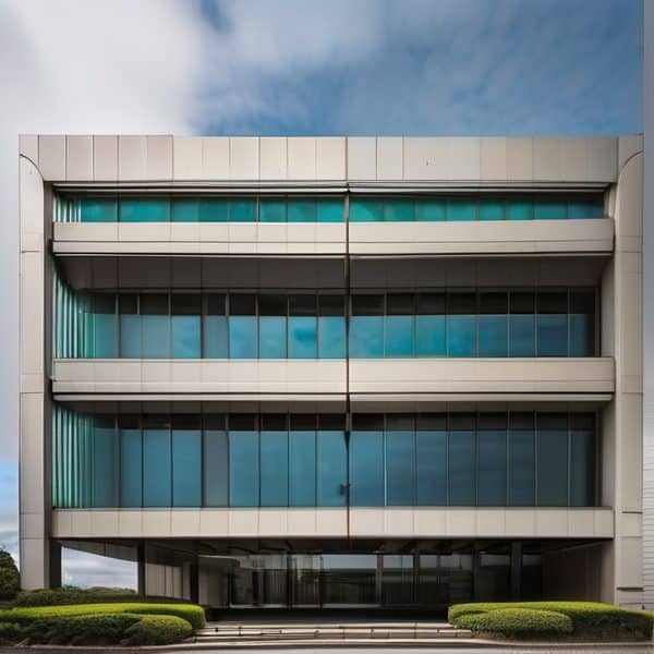 Contemporary office building with glass facade in Fiji, showcasing modern architecture.