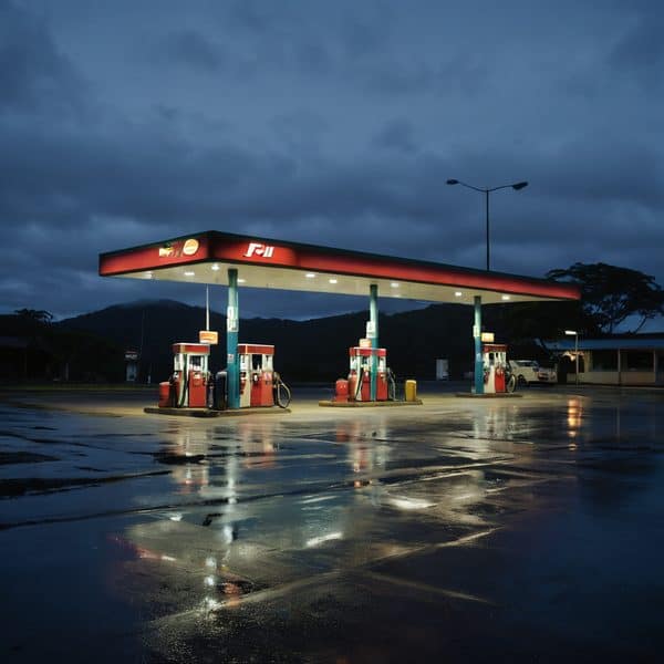 Fiji fuel station with pumps under a dark, cloudy sky, reflecting on wet ground.