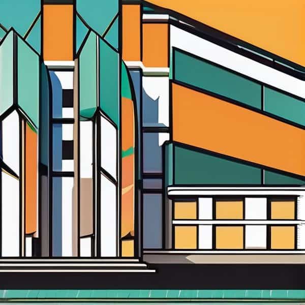 Modern building with geometric architecture, featuring bold orange, teal, and white accents.