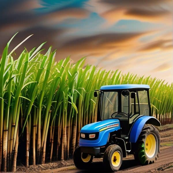 Blue tractor working in lush sugar cane field at sunset.