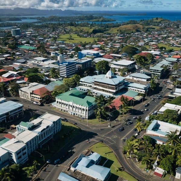 Aerial view of Suva, Fiji's capital city with vibrant buildings and lush greenery.