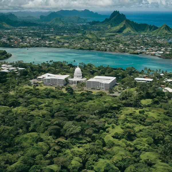 Fiji government buildings surrounded by lush greenery and scenic mountains.