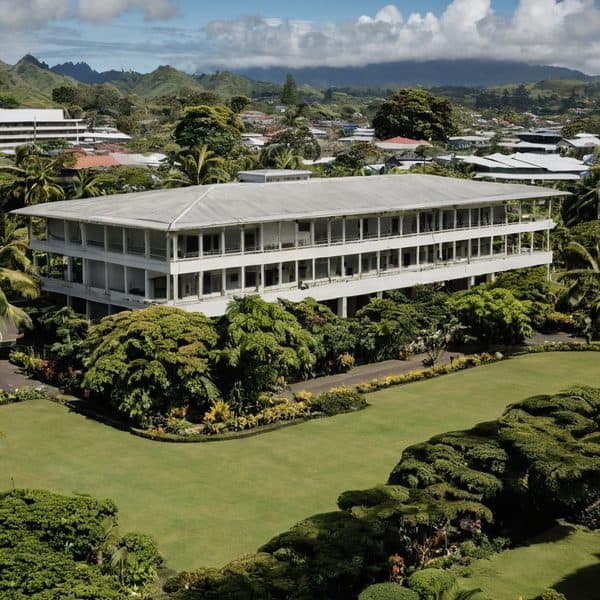 Modern hotel building with lush tropical gardens in Fiji.