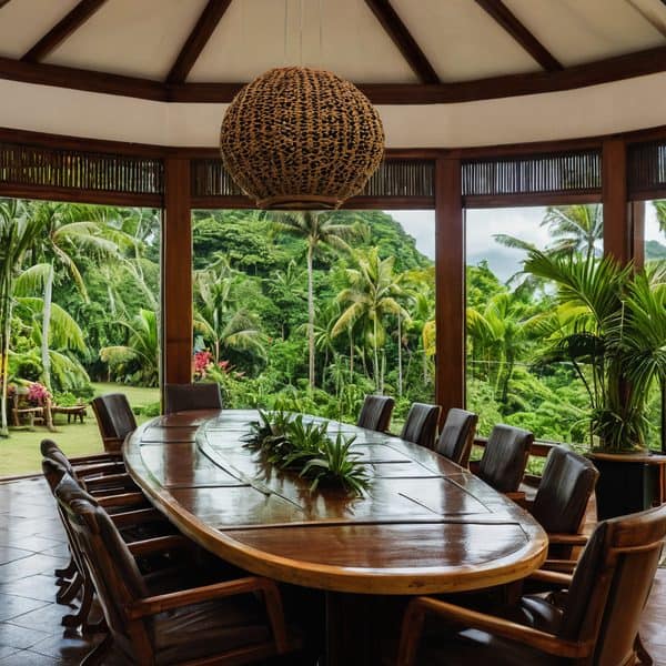 Elegant tropical meeting room with panoramic garden views and wooden furniture.