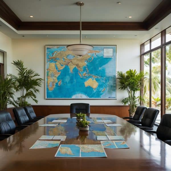 Conference room with world map and tropical plants.