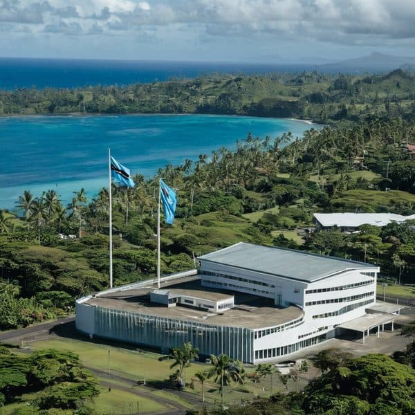 Modern building near coastal landscape in Fiji.