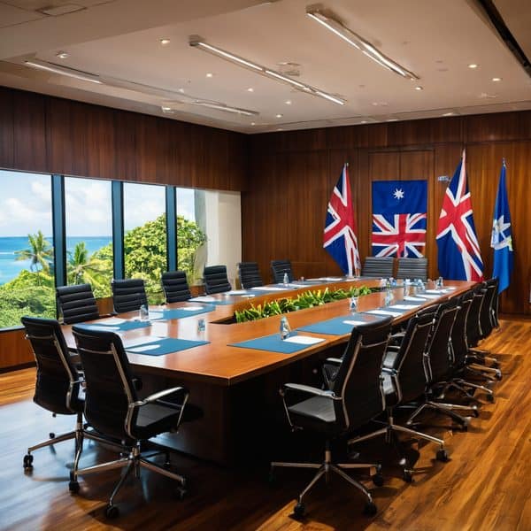 Modern conference room with flags of Fiji and the UK, overlooking tropical scenery.