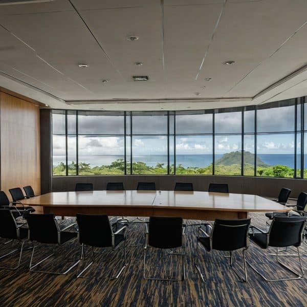 Modern conference room with large windows overlooking tropical landscape.