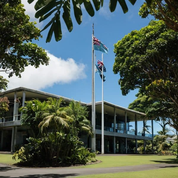 Modern Fiji office building with flags and lush greenery under blue sky.