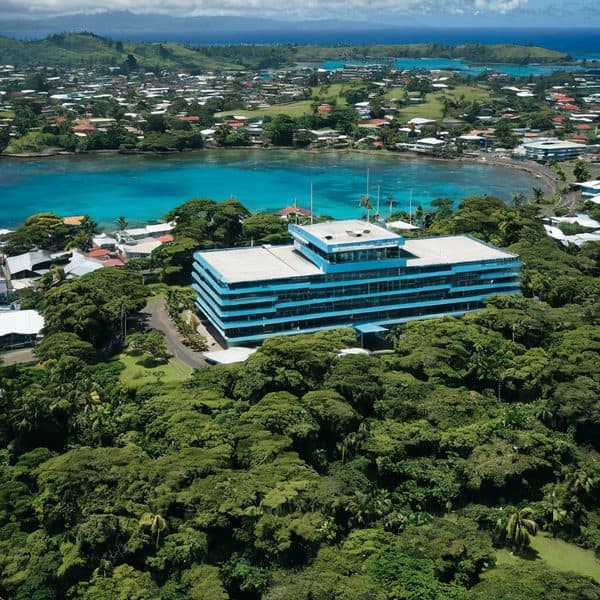 Modern Fiji government building surrounded by lush greenery.