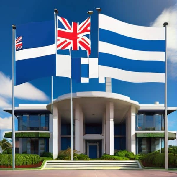 Fiji and UK flags flying in front of a government building.