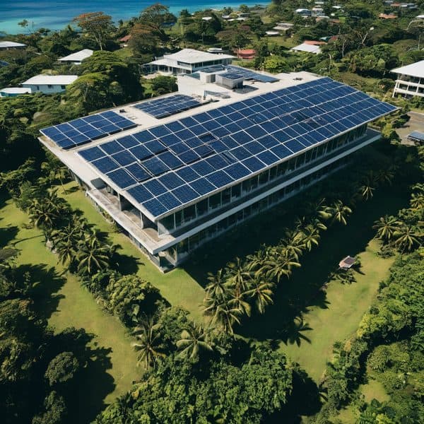 Solar panels on modern building in Fiji for renewable energy.
