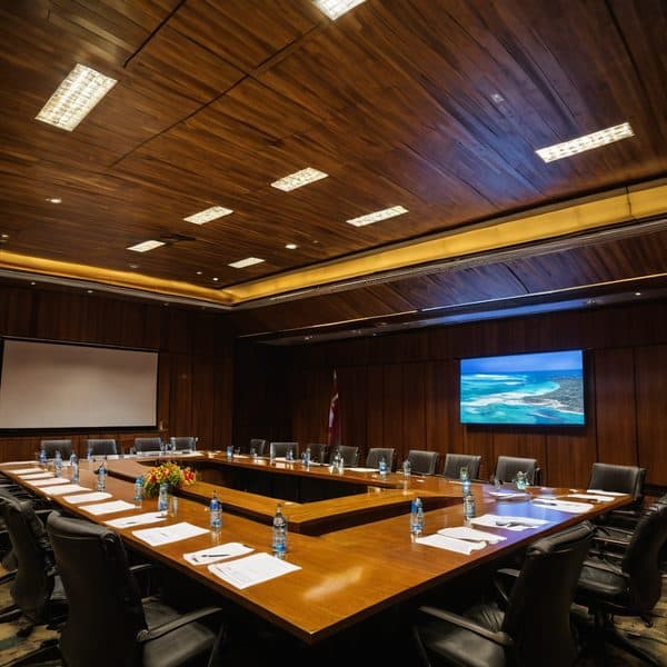 Modern conference room with wooden ceiling and large screen for meetings.